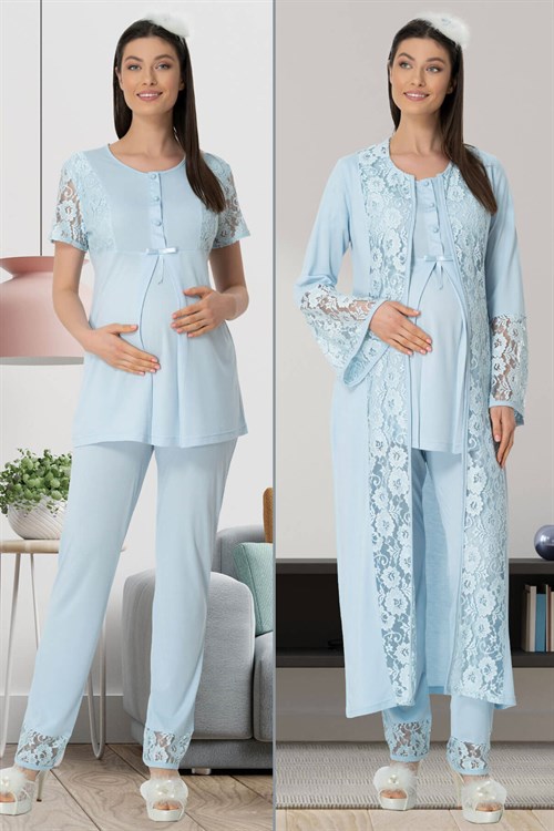 Mecit 5443 Mavi Lez Dantelli Sabahlıklı Lohusa Pijama Takımı
