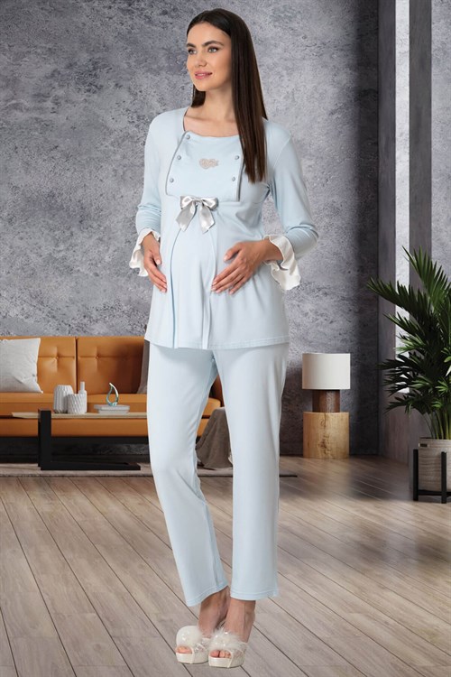 Mecit 5554 Mavi Kolay Emzirme Özelliklı Sabahlıklı Lohusa Pijama Takımı
