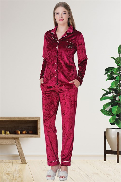 Mecit 5722  Kadın Boydan Düğmeli Kadife Pijama Takımı