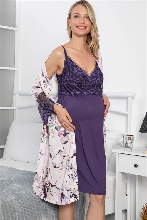 Monamise 18072 Purple Maternity Nightgown and Robe Set