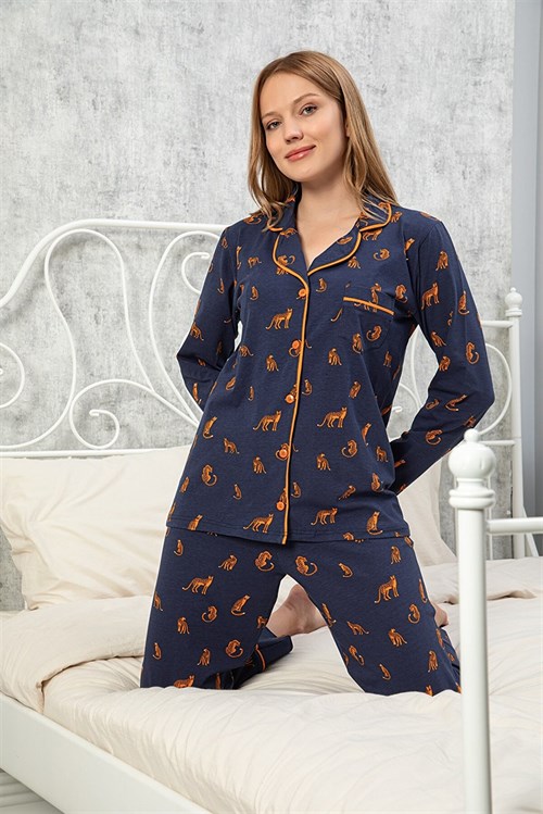 Myben 10037 Lacivert Desenli Likralı Önden Düğmeli Biyeli Pijama Takımı