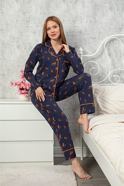 Myben 10037 Lacivert Desenli Likralı Önden Düğmeli Biyeli Pijama Takımı