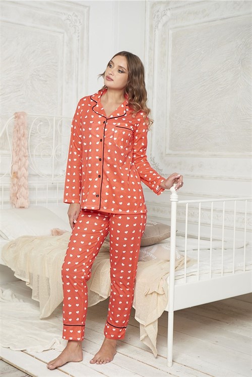 Myben 10094 Kırmızı Kalp Desenli Likralı Önden Düğmeli Biyeli Pijama Takımı