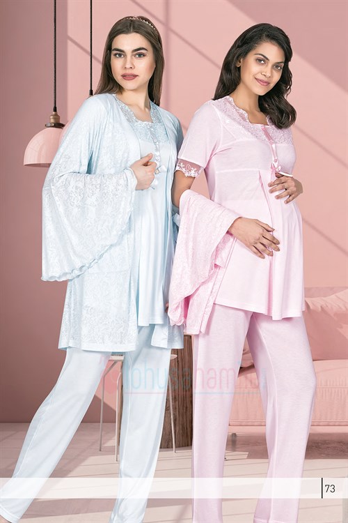 Rozalinda 2170 Kolları Volanlı Detaylı Sabahlıklı Lohusa Pijama Takımı