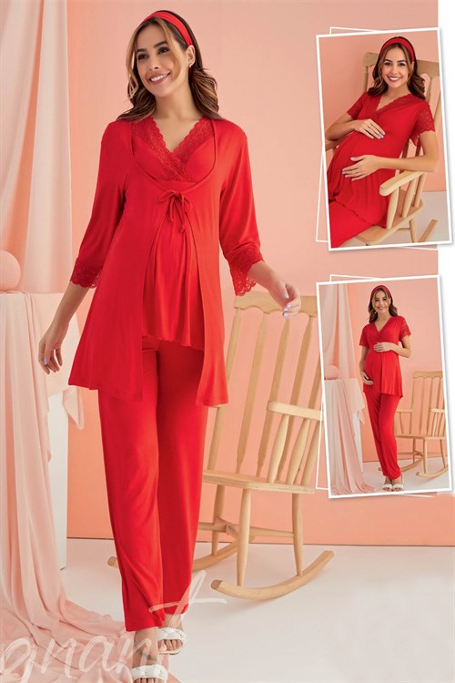 Seramony 36010 Kırmızı Dantel Detaylı Sabahlıklı Lohusa Pijama Takımı
